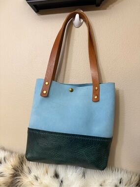 Two-Tone Leather Tote in Light Blue & Dark Green with Tan Straps